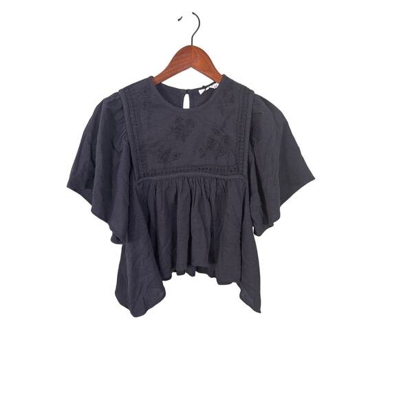 Unsubscribed Women Size 2 Black Smocked Peplum Floral Boho Sleeve Short Blouse - Picture 1 of 13